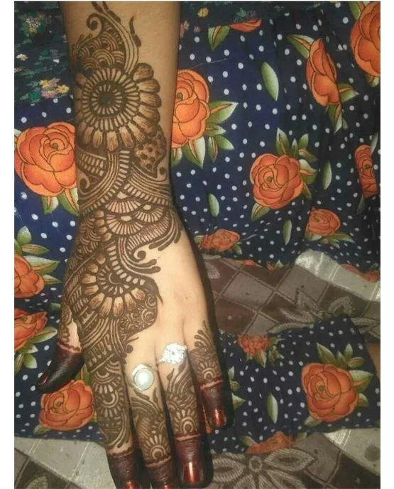 Heavy Bracelet And Rose Along Back Hand Mehndi Design